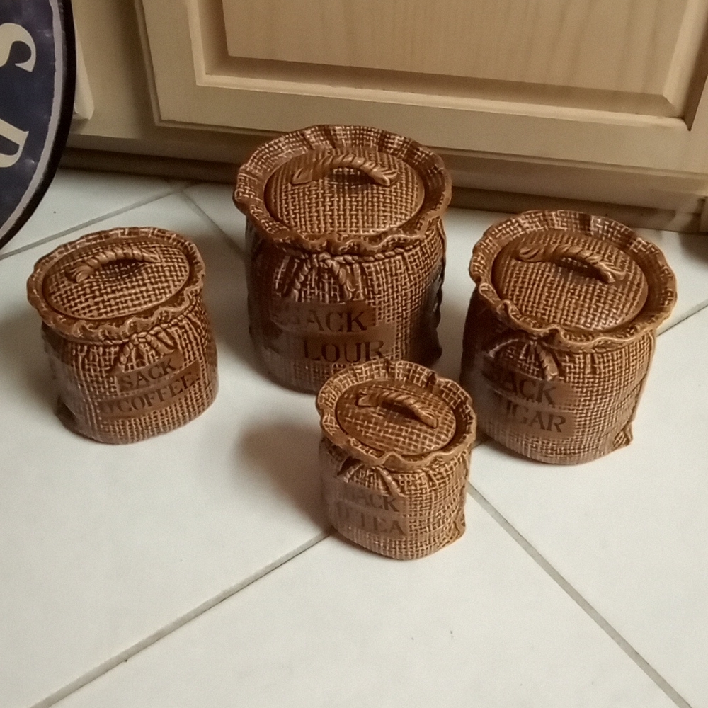 Sack of jars, coffee, tea, sugar, flour